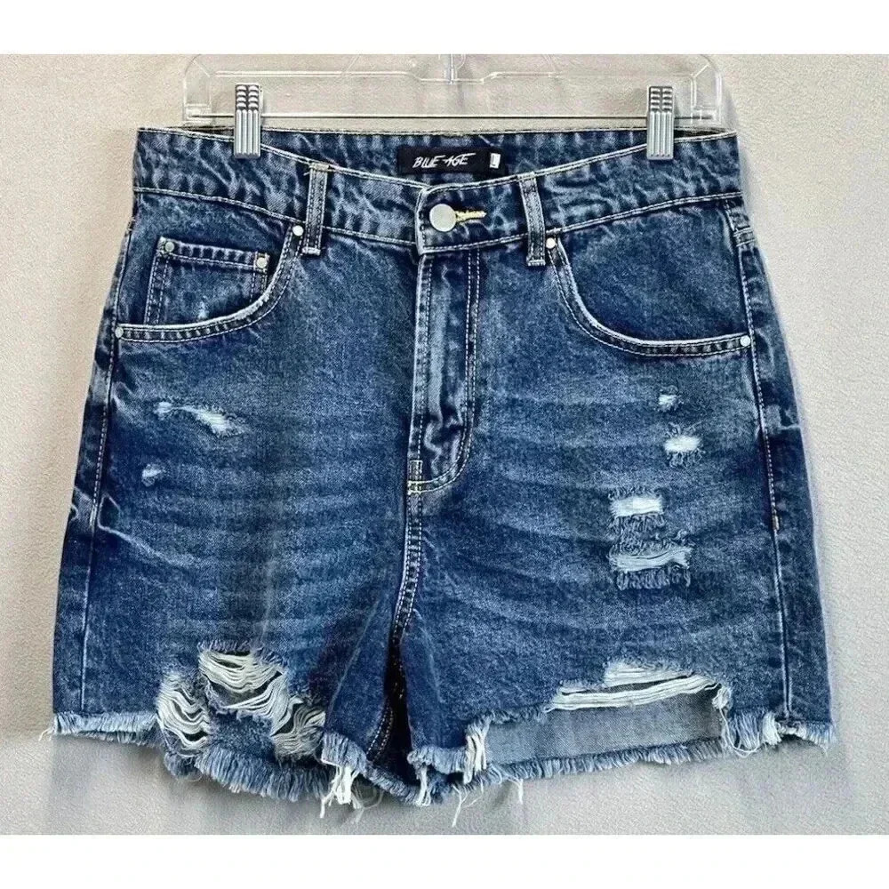 Blue Age Women's Size Large High Rise Raw Hem Distressed 5 Pockets Denim Shorts - Picture 1 of 10